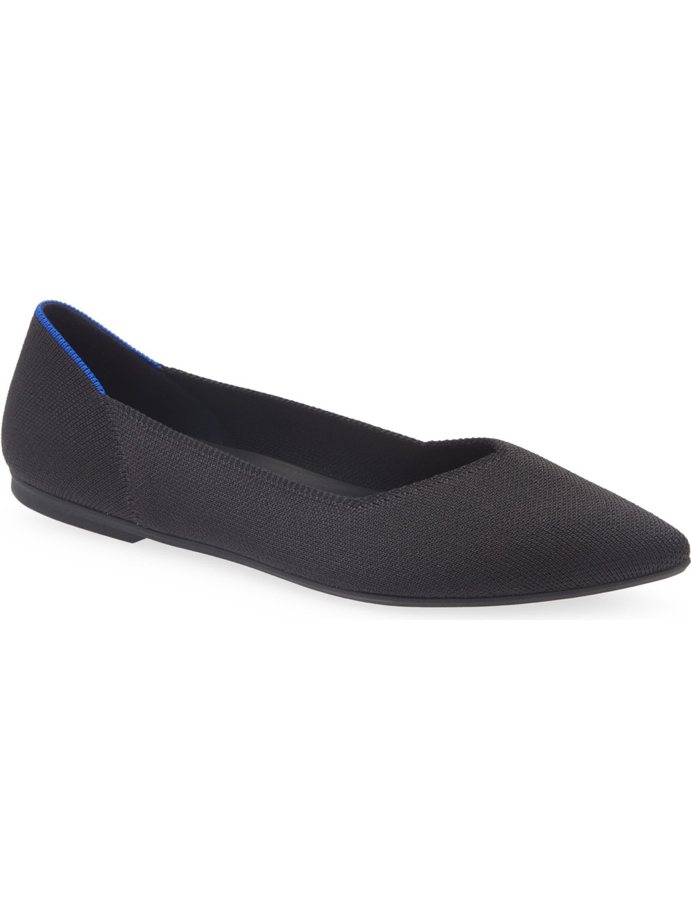 Rothy's Black Pointed Knit Flats with Royal Blue Accent